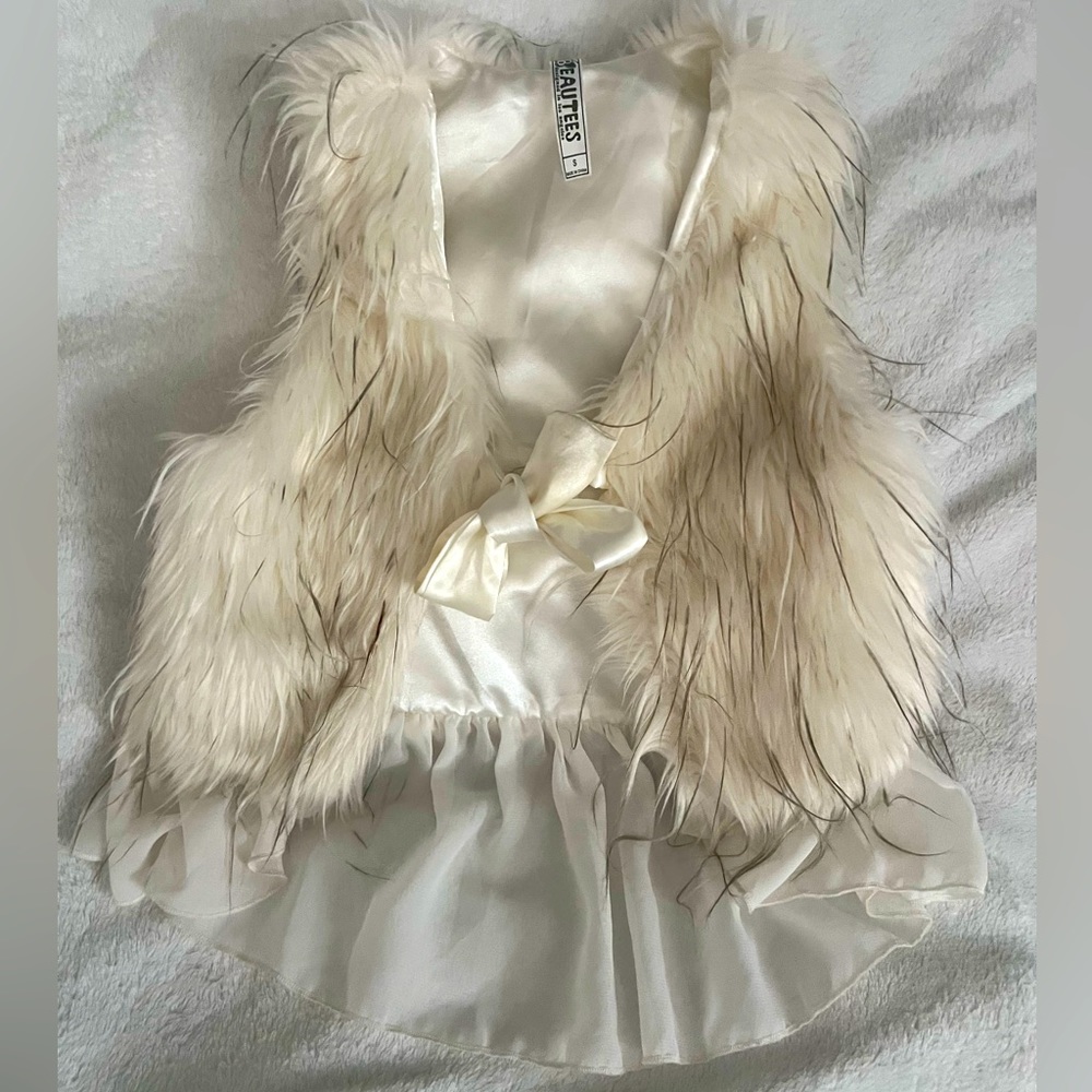 Girls Two Tone Ivory Faux Fur Vest with Ribbon Tie